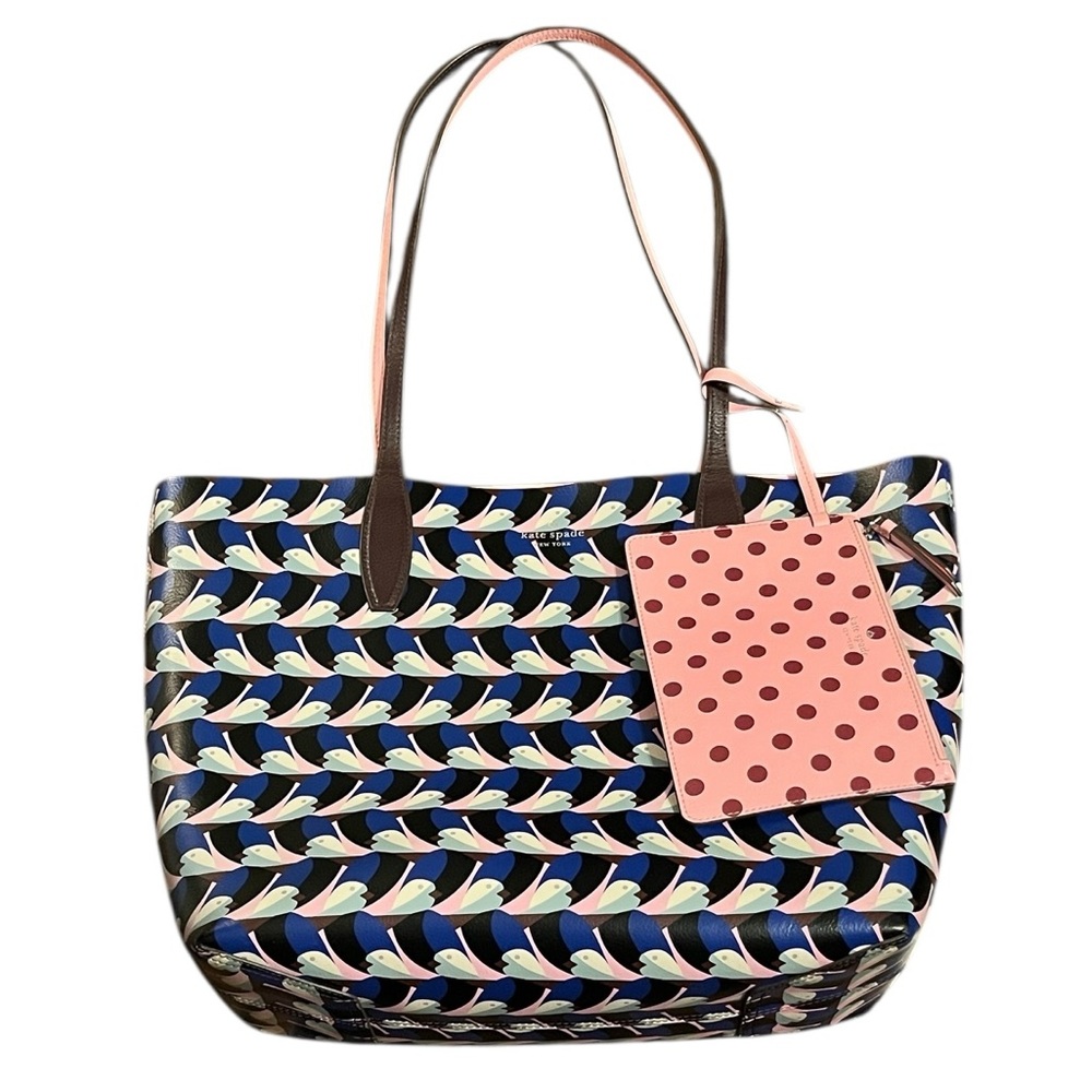 Kate Spade Arch Love Birds Reversible Tote in pink multi leather with pouch